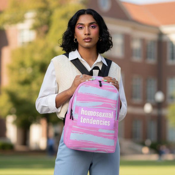 Homosexual Tendencies Minimalist Backpack held by person with dark hair, bold makeup, white shirt, cream vest, blue pants outdoors.
