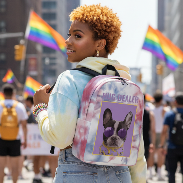 Hug Dealer Minimalist Backpack, dog with sunglasses and “Hug Dealer,” worn by a queer person in tie-dye at a Pride parade with rainbow flags.