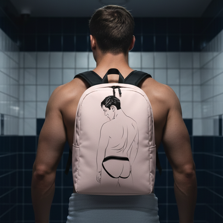 Pink Jockstrap Minimalist Backpack with a line art shirtless man in briefs, worn by a muscular guy in a tiled locker room.