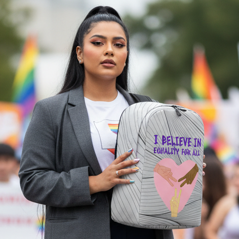 Minimalist backpack with "I Believe In Equality For All" slogan over multiracial hands heart, rainbow flags in background.