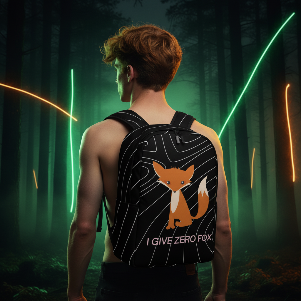 Minimalist backpack with "I GIVE ZERO FOX" slogan and cartoon fox, worn by a red-haired guy in neon-lit dark woods.