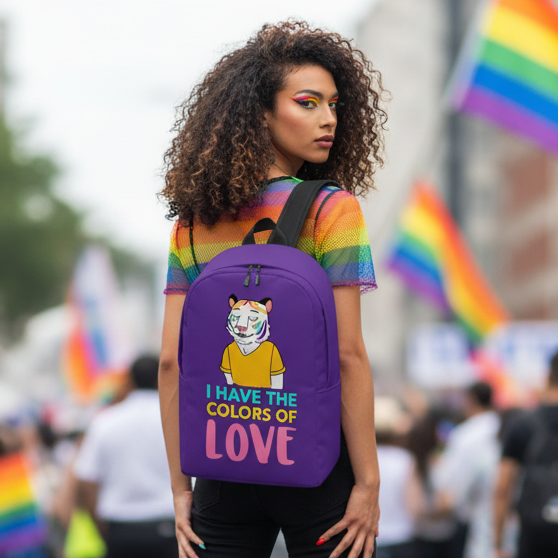 I Have The Colors Of Love Minimalist Backpack" carried by a queer person in rainbow top; pride flags waving at the parade.