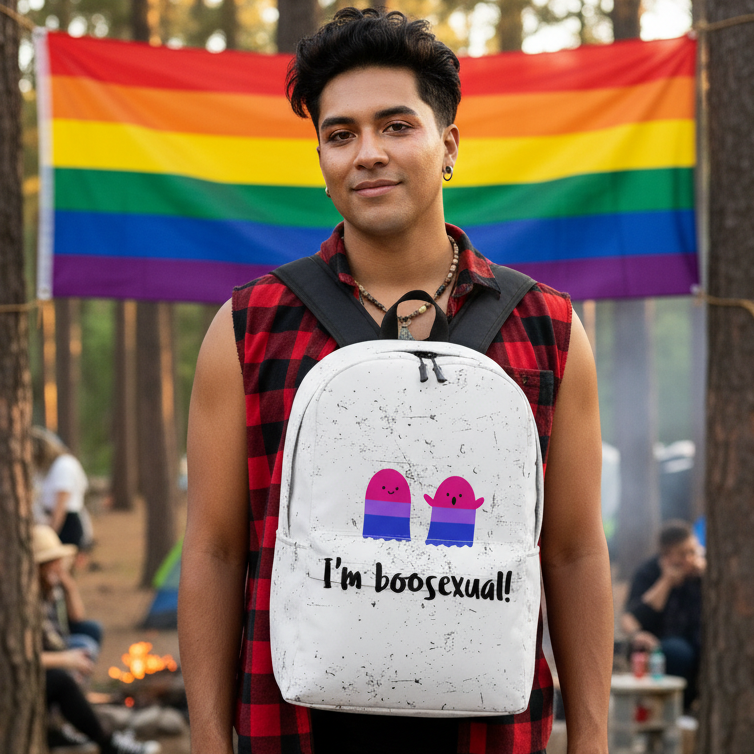 I'm Boosexual Minimalist Backpack" with two bisexual-color cartoon ghosts, worn by a queer person in red plaid, rainbow flag nearby.