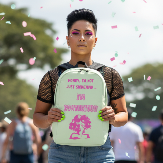 I'm Contagious Minimalist Backpack held by a bold, short-haired person under falling confetti; text reads "Honey, I’m not just sickening… IM CONTAGIOUS!" above a stylized woman.