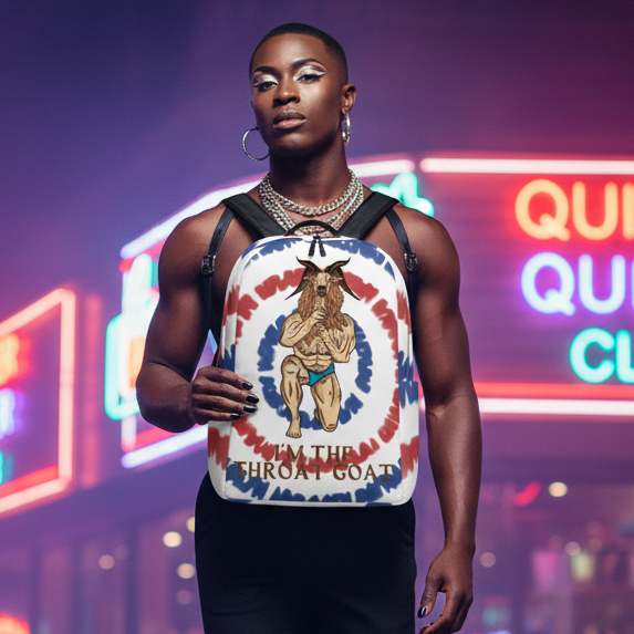 Front-facing person wearing a backpack with a goat graphic and “I AM THE THROAT GOAT” text