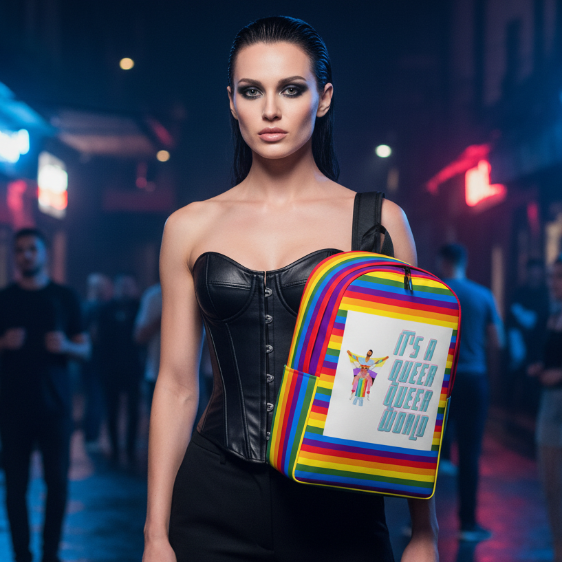 It's A Queer Queer World Minimalist Backpack slung over one shoulder, rocked by a slick-haired babe in a black leather corset at night.