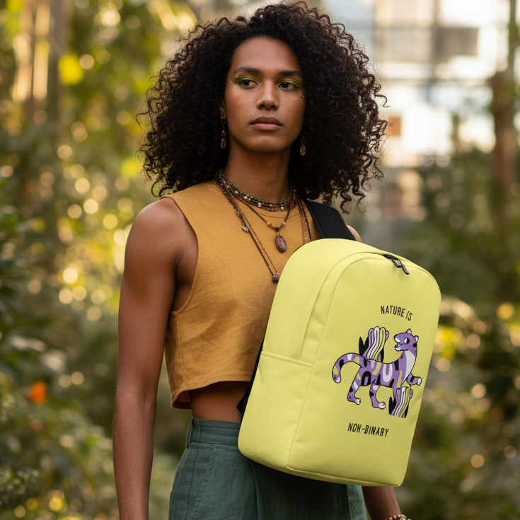 Yellow backpack with purple animal graphic and “Nature Is Non-Binary” text, worn outdoors