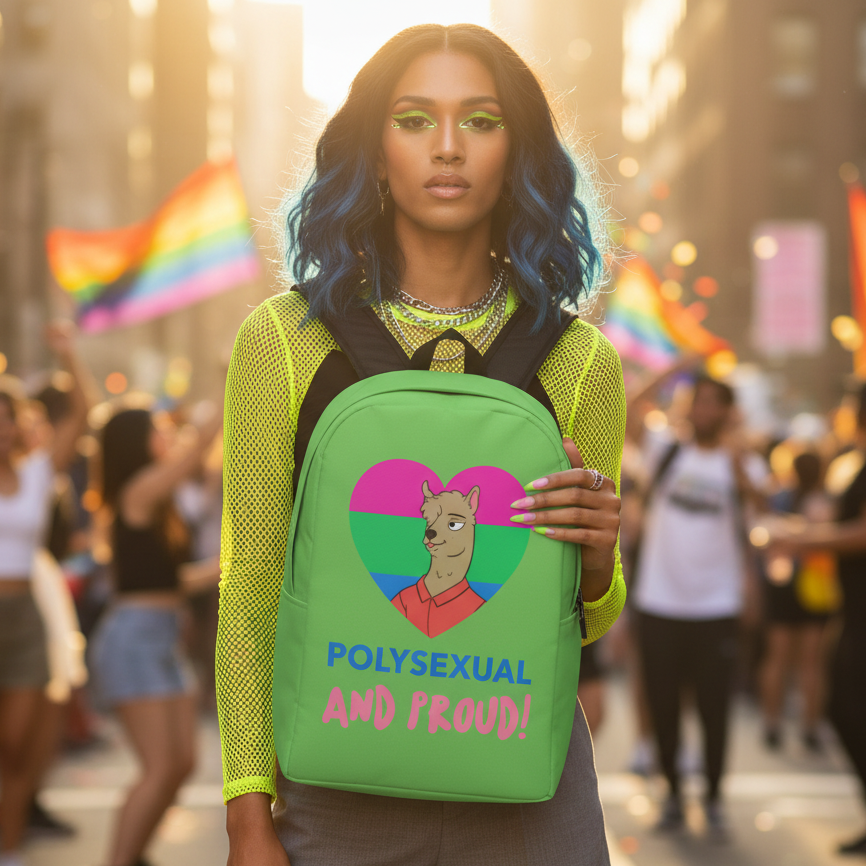 Green backpack reading “POLYSEXUAL AND PROUD!” worn at a rainbow street parade