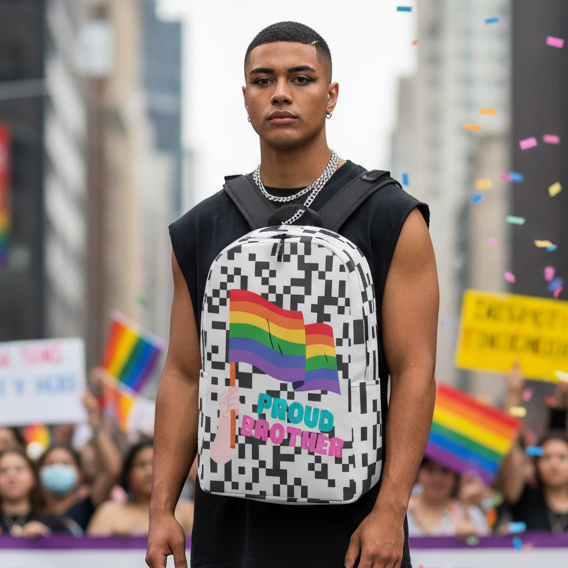 Proud Brother Minimalist Backpack with rainbow flag and “PROUD BROTHER” text, worn by a young man at a queer pride parade.