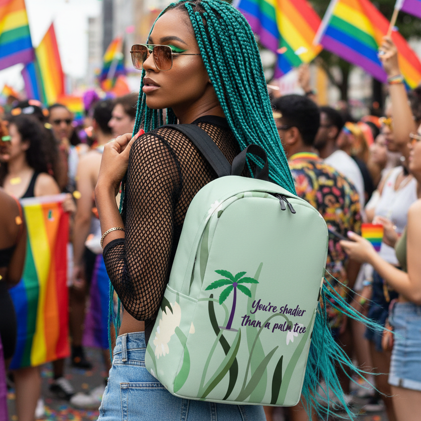 Shadier Than A Palm Tree Minimalist Backpack worn by a woman with teal box braids at Pride, rainbow flags waving behind her.