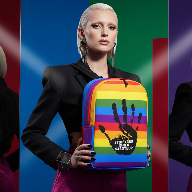 Model holding a rainbow-striped backpack with a black handprint and “STOP YOUR INNER SABOTEUR” text