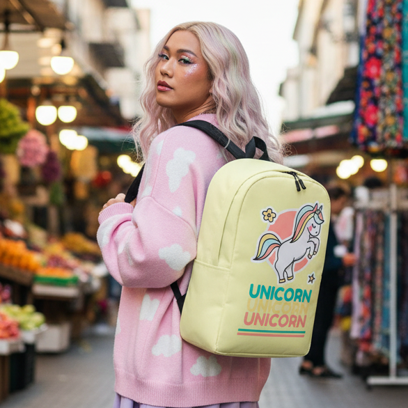 Unicorn Unicorn Unicorn Minimalist Backpack slung on pastel pink-haired, glittery queer femme in a pink cloud sweater at a colorful market.