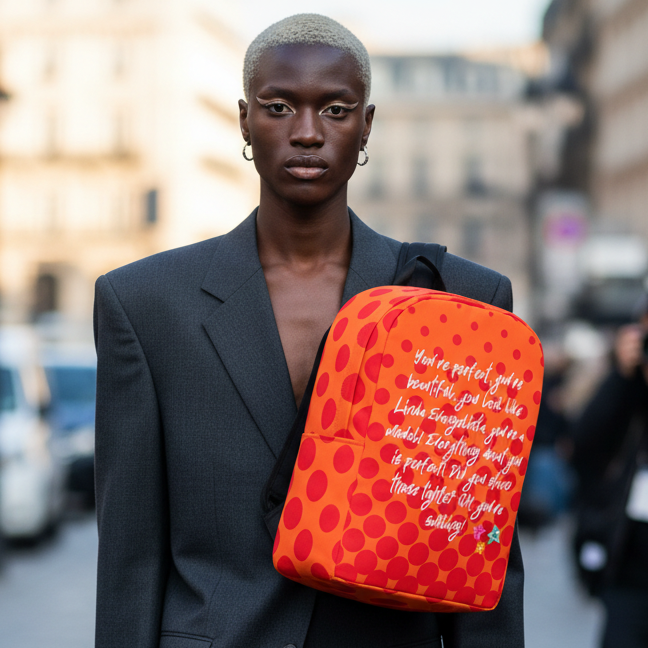 Minimalist backpack in bold orange with red polka dots and handwritten “You Look Like Linda Evangelista” affirmation, held by a model with bleached hair and hoop earrings, rocking an oversized dark blazer on a blurred city street.
