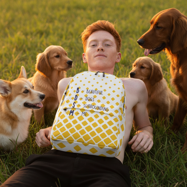 BDSM (Beautiful Dogs Surrounding Me) Minimalist Backpack held by a shirtless, cheerful redhead on sunny grass with four cute dogs.