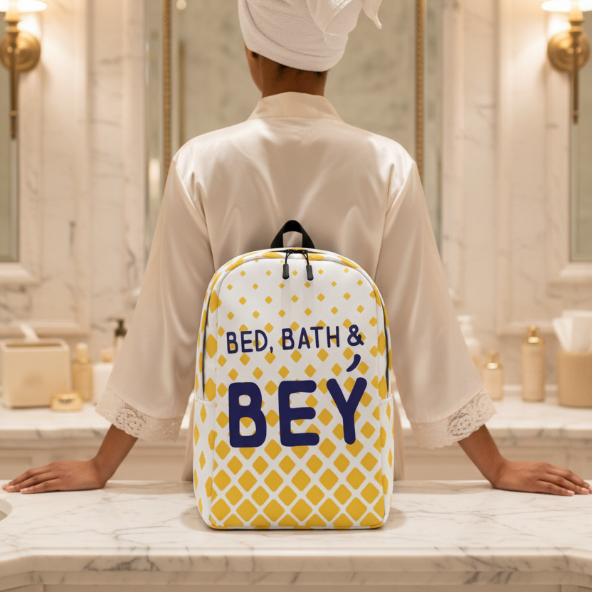 Minimalist Bed, Bath & Bey backpack in white and yellow on a marble counter; a person in a white robe and towel faces away.
