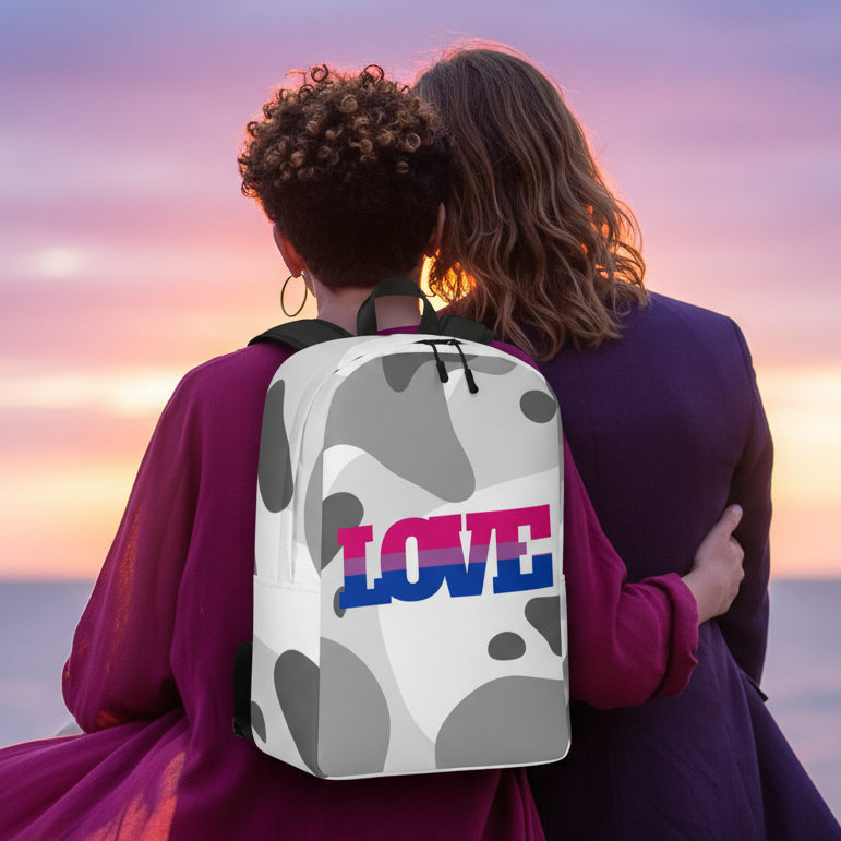 Bisexual Love Minimalist Backpack with "LOVE" in pink, blue, and purple; two people in purple outerwear embrace at sunset.