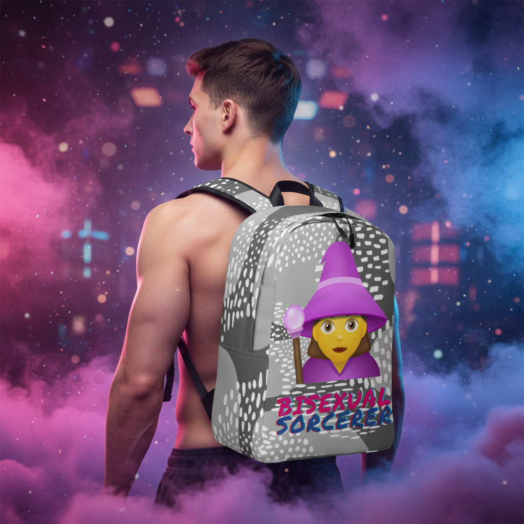 Bisexual Sorcerer Minimalist Backpack with “Bisexual Sorcerer,” cartoon witch in pink hat/cape, pink and blue fog, city lights.