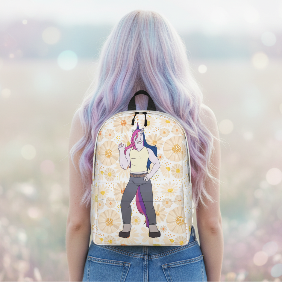 Bisexual Unicorn Minimalist Backpack with a cartoon unicorn in sunglasses and jeans, worn by person with pastel purple-blue hair.