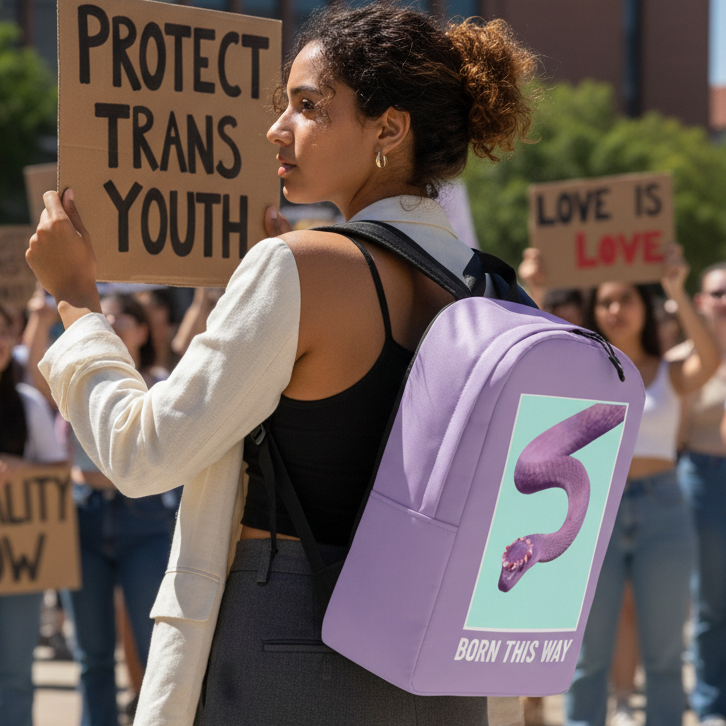 Born This Way Minimalist Backpack worn by a curly-haired protester at a sunny trans rights rally, near “PROTECT TRANS YOUTH” signs.