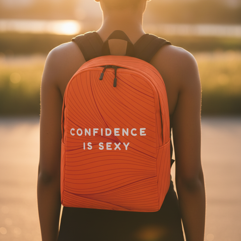 Confidence Is Sexy Minimalist Backpack in bold orange with crisp white "Confidence Is Sexy" text, worn at sunset by an unseen person.