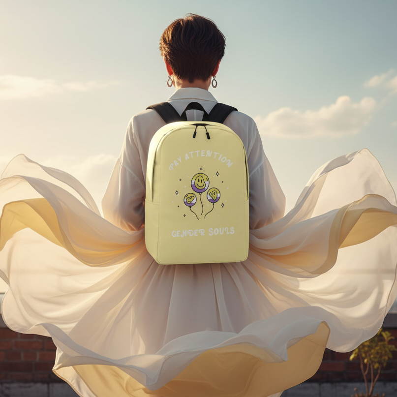 Fly Away From Gender Roles Minimalist Backpack, featuring smiling flowers and uplifting text, worn over a flowing white dress outdoors.