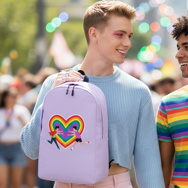 Gay Couple Minimalist Backpack with rainbow heart and dancing figures, held by a smiling guy in blue at Pride; friend in rainbow shirt.