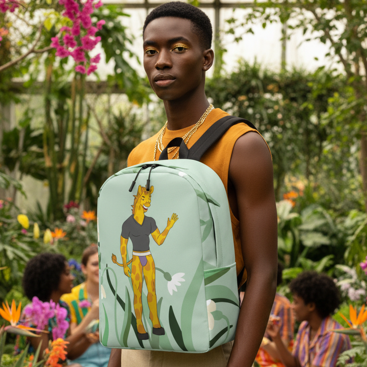 Gay Giraffe Minimalist Backpack, mint green with a cartoon giraffe, worn by a young man in an orange tank top and gold chains in a lush floral garden.