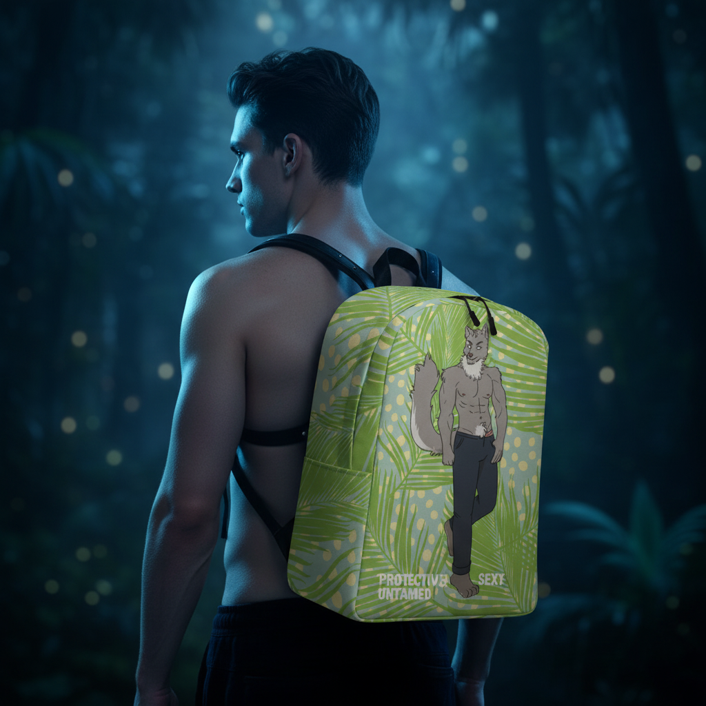 Gay Wolf Minimalist Backpack with cartoon wolf-man, tropical leaves, and "PROTECTIVE UNTAMED SEXY" text. Worn by a shirtless man in a misty blue-lit jungle.