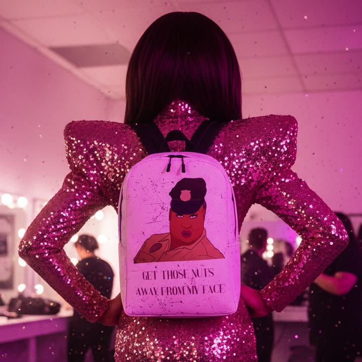 Get Those Nuts Away From My Face! (Latrice Royale) Minimalist Backpack slung on person in hot pink sequined dress, pink-lit dressing room.