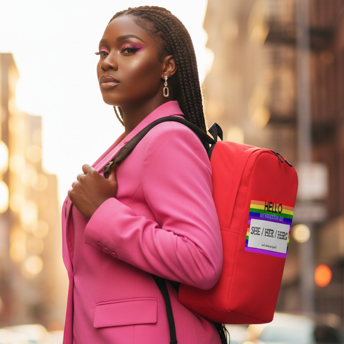 Hello My Pronouns Are She / Her / Hers Minimalist Backpack" with rainbow-striped name tag, carried by femme in pink blazer at sunset.