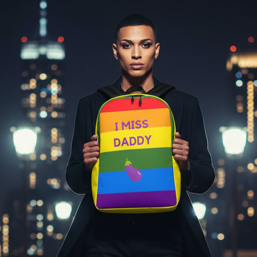 Person holding a rainbow-striped backpack reading “I MISS DADDY” with an eggplant graphic at night