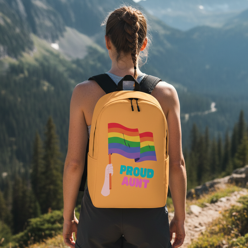 Proud Aunt Minimalist Backpack in bright yellow with a rainbow Pride flag and "Proud Aunt" in teal and pink, worn by a woman.