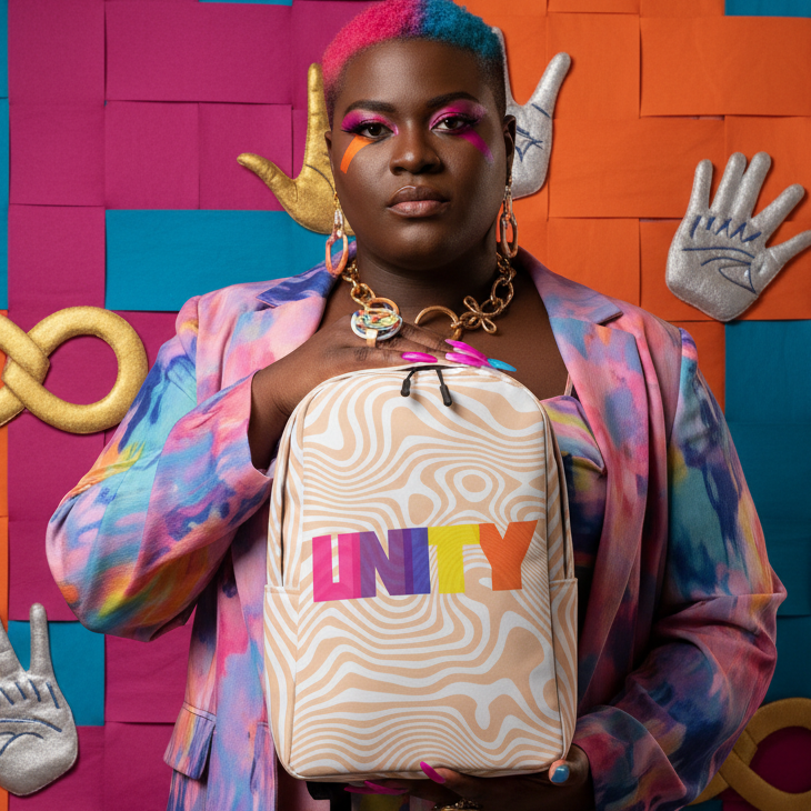 Person holding a cream patterned backpack with colorful “UNITY” lettering