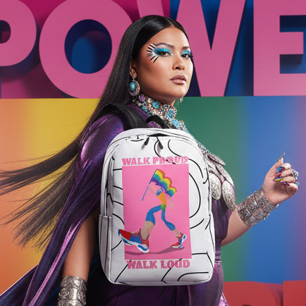 Walk Proud Walk Loud Minimalist Backpack with a rainbow flag and “WALK PROUD WALK LOUD” slogan, held by femme in bold purple.