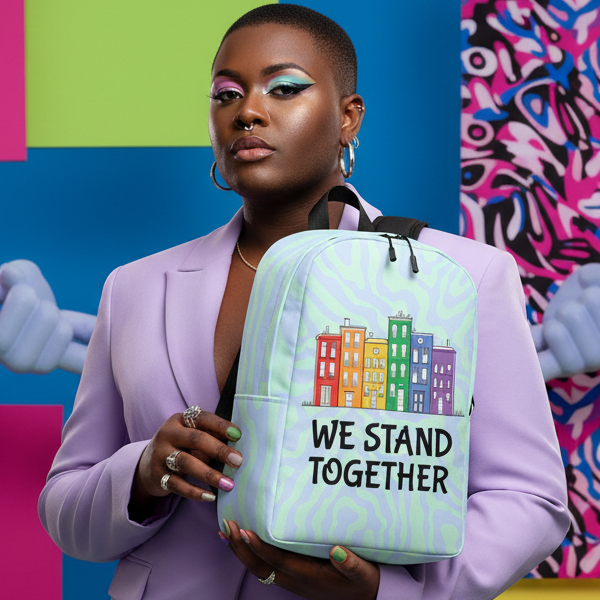 Model in a lavender blazer holds a backpack reading “WE STAND TOGETHER”