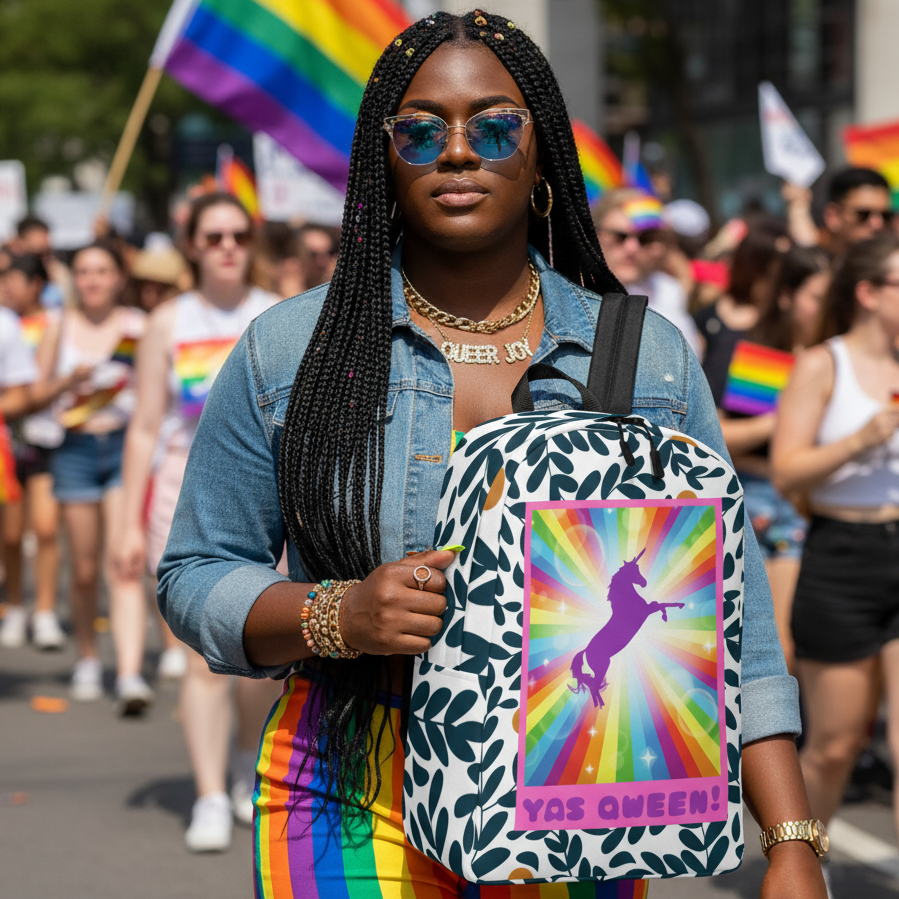 Yas Qween! Minimalist Backpack carried by a woman in rainbow pants at a packed Pride parade with waving rainbow flags and cheers.