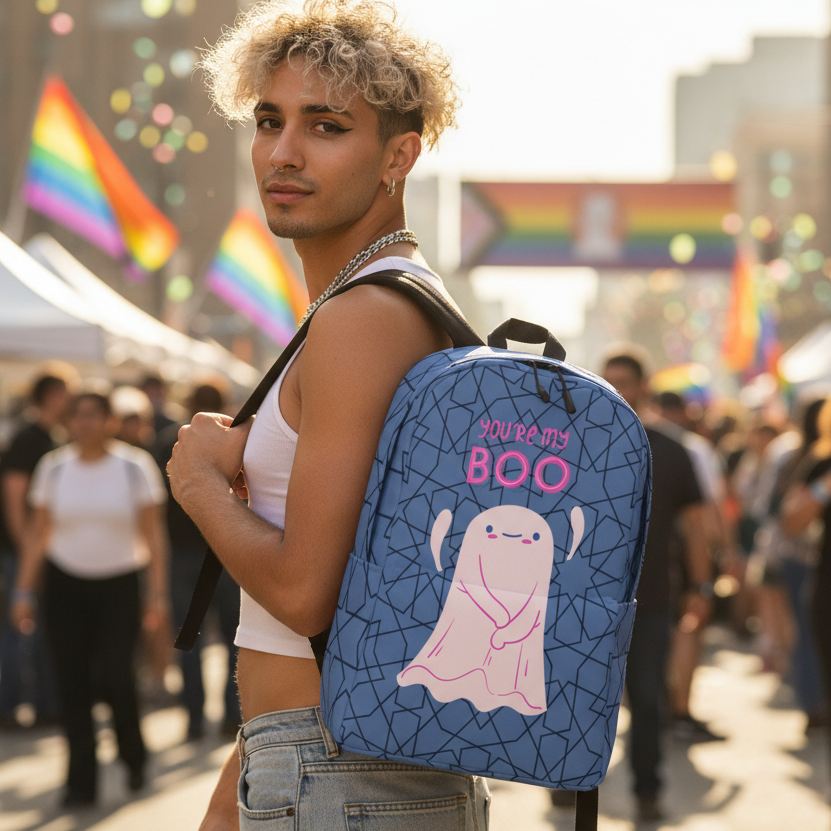 You're My Boo! Minimalist Backpack" with pink ghost and text, worn by a curly-haired guy in white tank; rainbow flags behind.