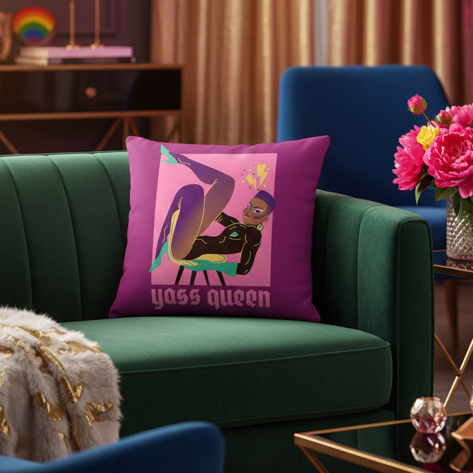 Green velvet sofa with magenta LGBT “yass queen” pillow, blue chair, gold table, flowers, and bold queer-themed decor.