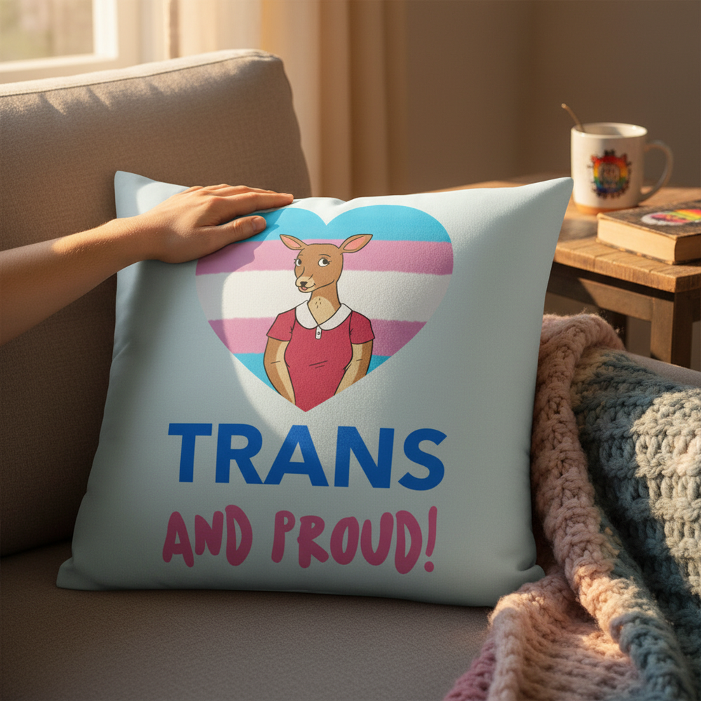 Hand on "Trans And Proud" pillow featuring a cartoon deer, trans pride heart background, and "TRANS AND PROUD!" slogan.
