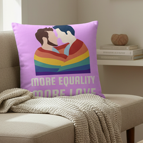 MORE EQUALITY MORE LOVE" pillow with two men in a rainbow flag on a beige chair, next to a knitted throw, books, and decor.