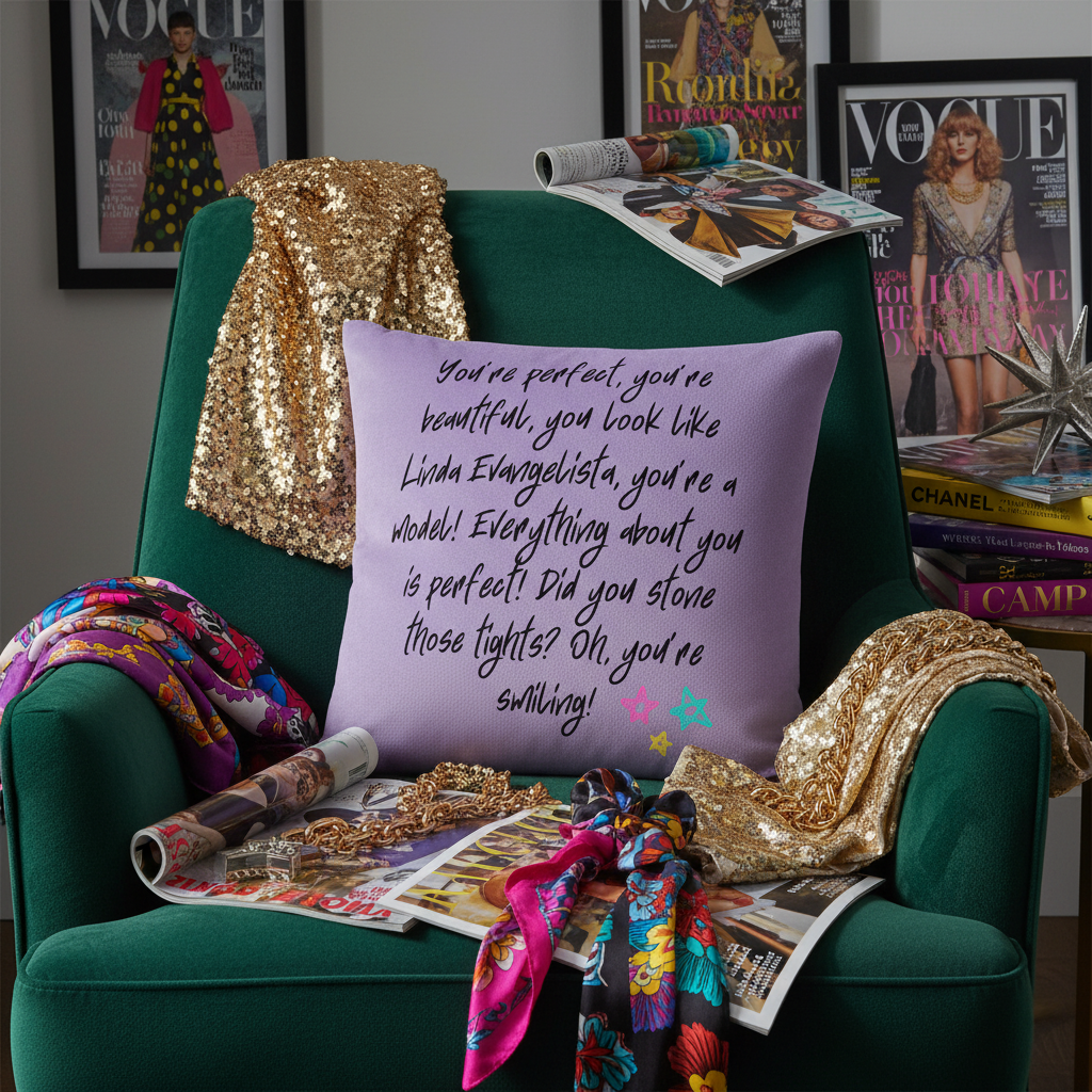 You Look Like Linda Evangelista Premium Pillow" sits on a green armchair with vibrant scarves, gold sequins, and Vogue magazines.