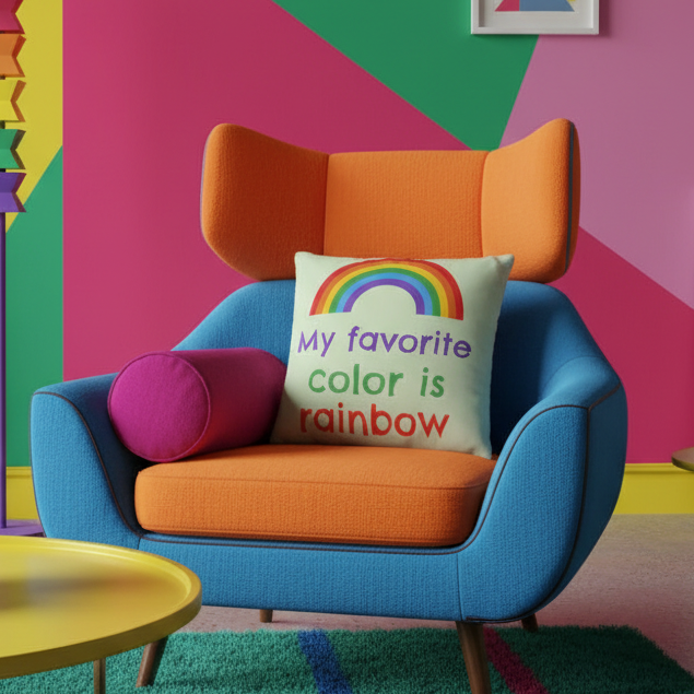 Blue-upholstered armchair with orange headrest and a “My Favourite Color Is Rainbow” pillow in a bold, colorful queer space.