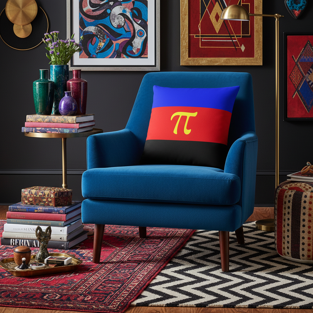 Blue armchair with Polyamory Premium Pillow—Pi symbol on blue, black, and red flag—among books, plants, and queer art decor.