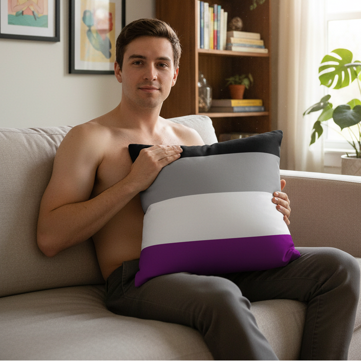 Shirtless young man on a light couch holds an Asexual Pride Pillow—black, gray, white, purple—in a sunlit queer living room.