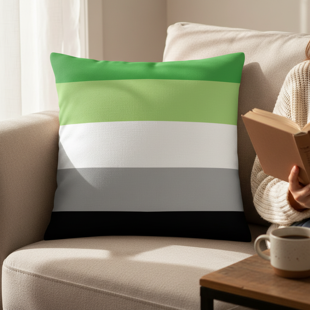 Aromantic pride pillow with green, white, gray, and black stripes on a beige sofa; person in cream sweater reads nearby.