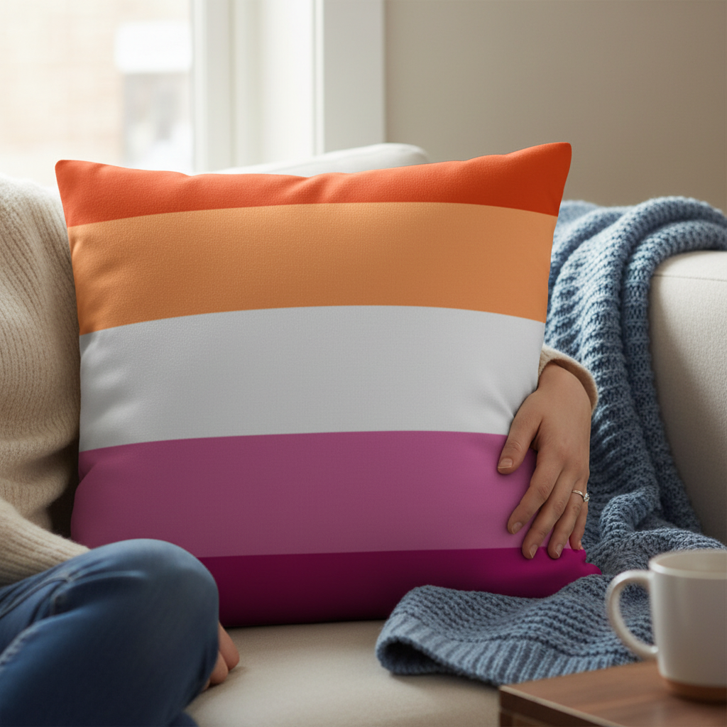 Lesbian pride-striped pillow held by a seated person on a couch