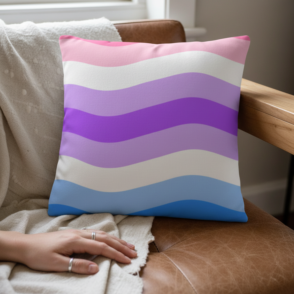 Alternative Genderfluid Premium Pillow with wavy pink, purple, white, and blue stripes beside a brown leather chair in soft light.