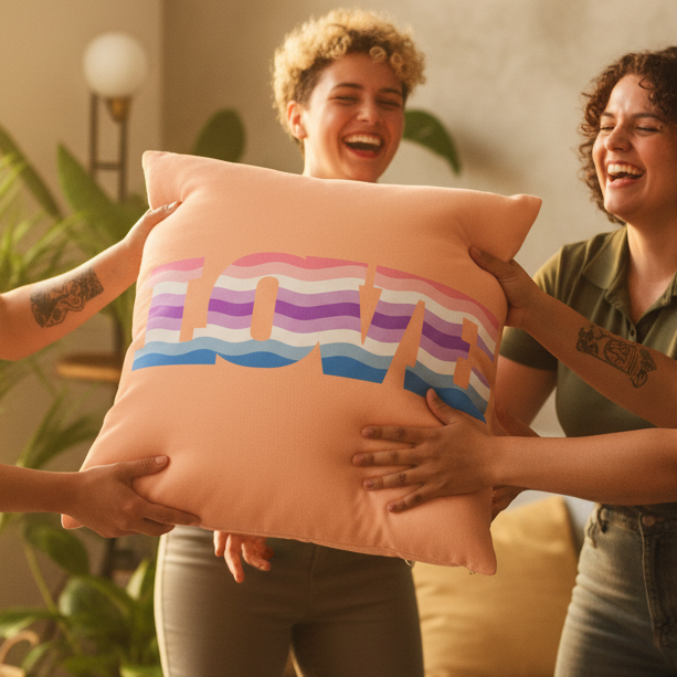 Three people indoors smile, holding the Alternative Genderfluid Love Pillow with bold rainbow “LOVE” letters, surrounded by green plants.