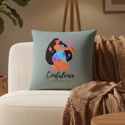 Light blue square pillow on an armchair, illustrated person with “Confidence” text