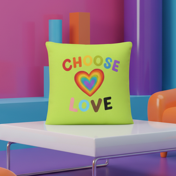 Lime green “CHOOSE LOVE” pillow with bold, colorful text and a multicolored heart, queer decor on a white table.